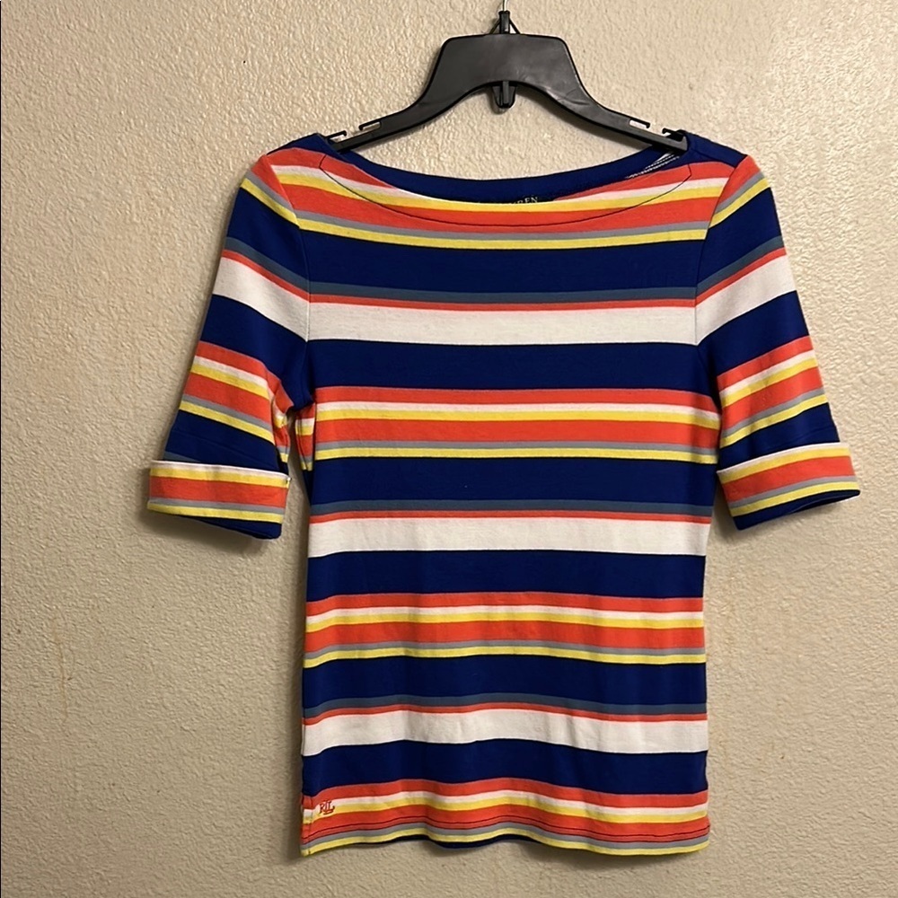Lauren Ralph Lauren Women Horizonal Colorful Striped 3/4 Sleeve Top Size Small